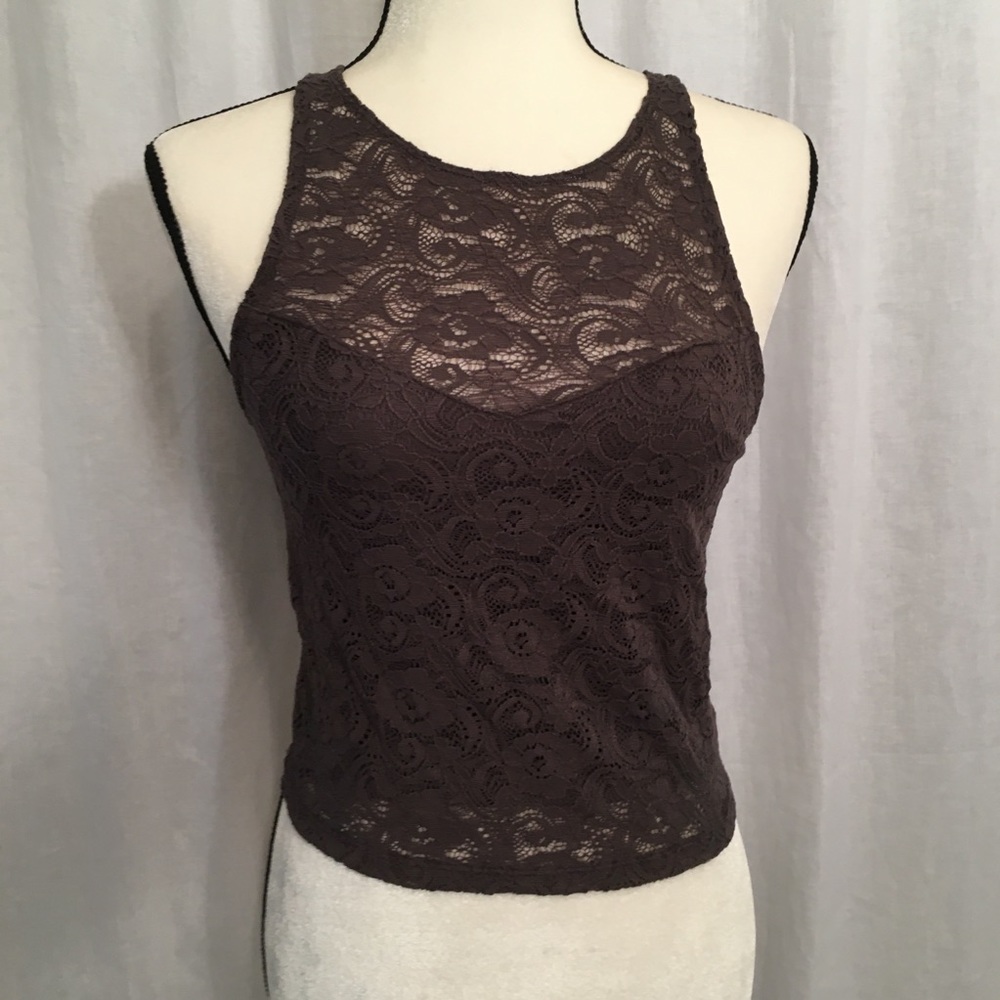 American Eagle Outfitters AEO Lace Crop Top Tank Top Medium Grey Brown
